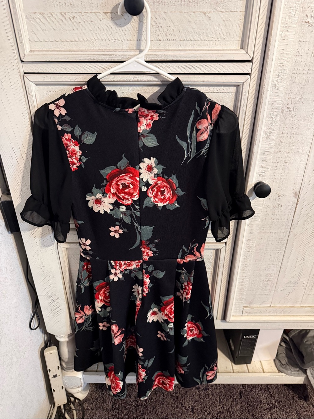 Floral Ruffle-Neck Midi Dress in Black with Red Rose Print
